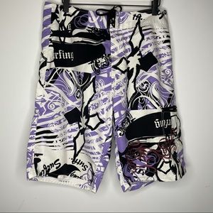 Suncoost White & Purple Abstract Surf Board Shorts